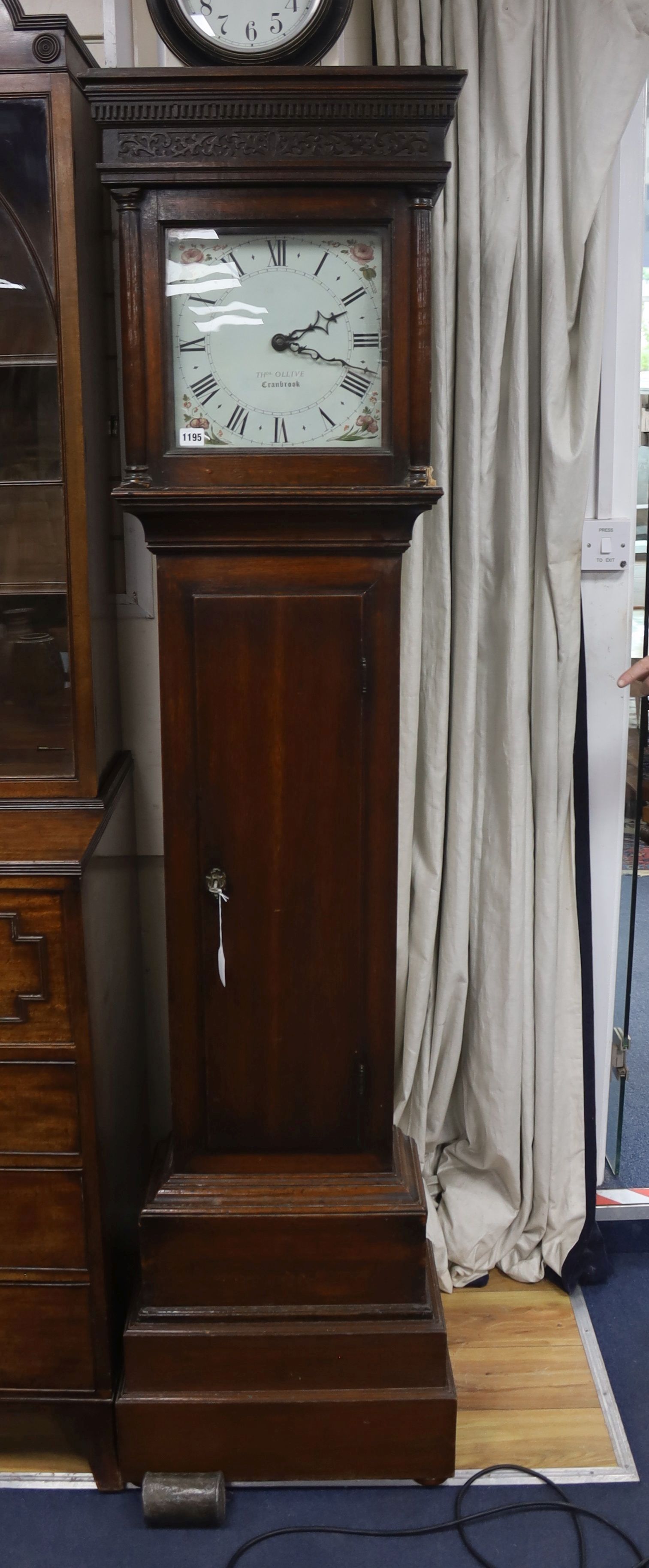 A George III oak thirty hour longcase clock, the re-painted dial marked Ollive, Cranbrook, height 204cm